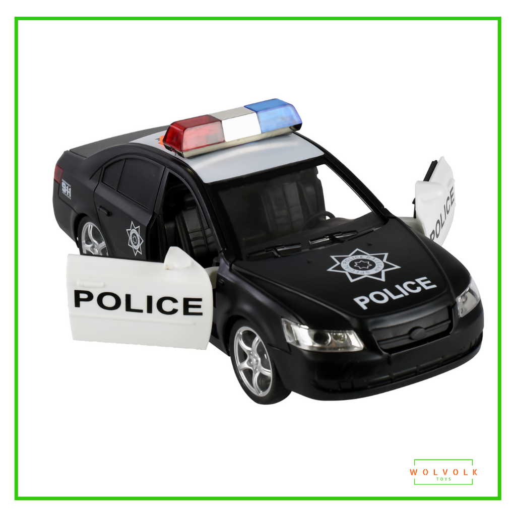 WolVolk Friction Powered Police Car - Push & Go Heavy Duty Plastic Vehicle Toy - Lights & Siren Sounds