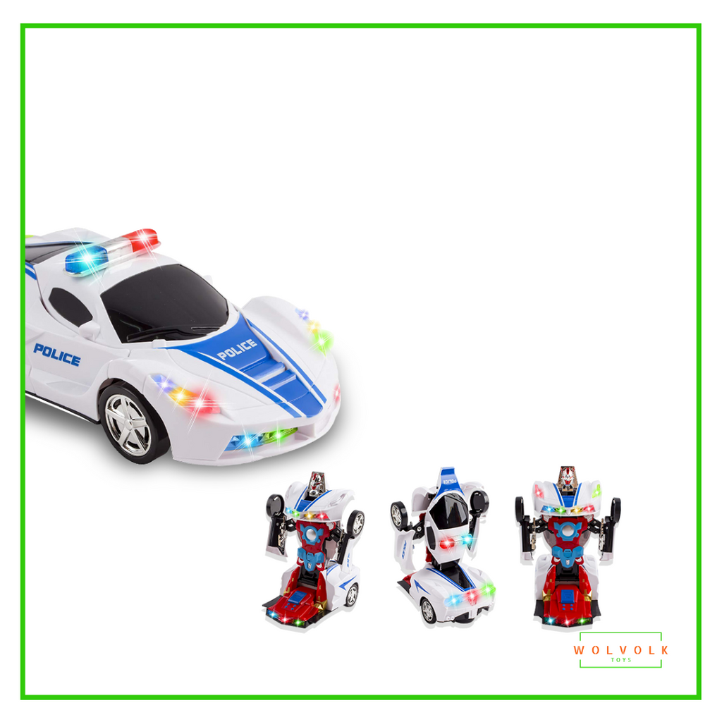 Wolvolk Robot Police Car Toy with Lights and Sounds for Kids, with Bump and Go Action