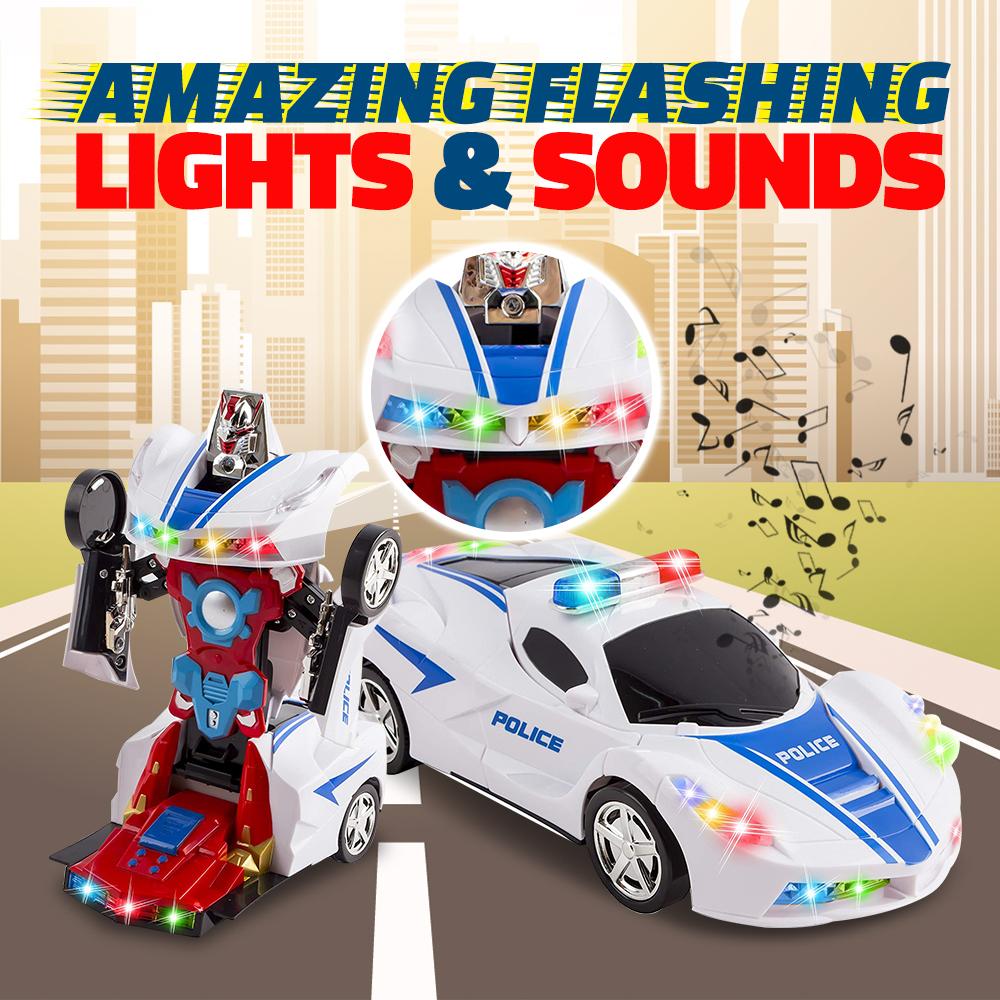 Wolvolk Robot Police Car Toy with Lights and Sounds for Kids, with Bump and Go Action
