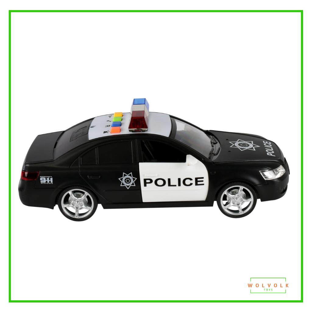 WolVolk Friction Powered Police Car - Push & Go Heavy Duty Plastic Vehicle Toy - Lights & Siren Sounds